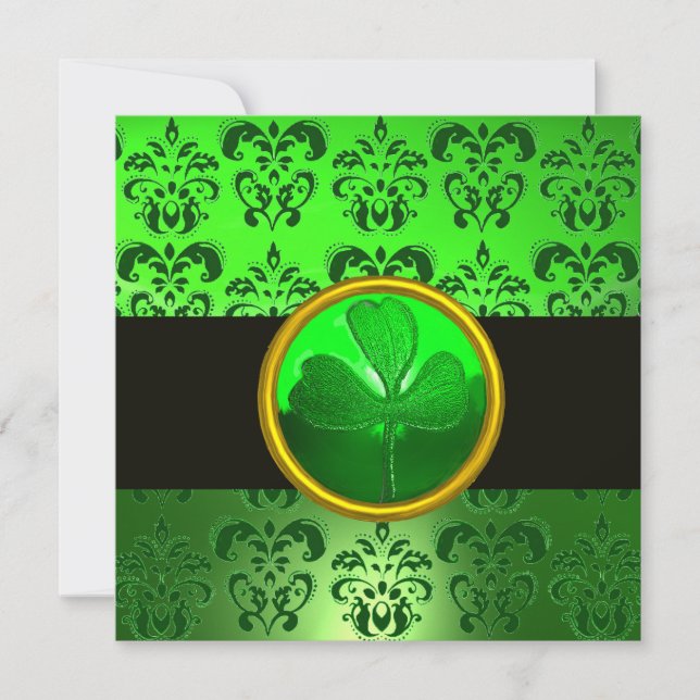 Invitation DAMAS VERT AVEC TRÈFLE À TROIS FEUILLES, noir (Devant)