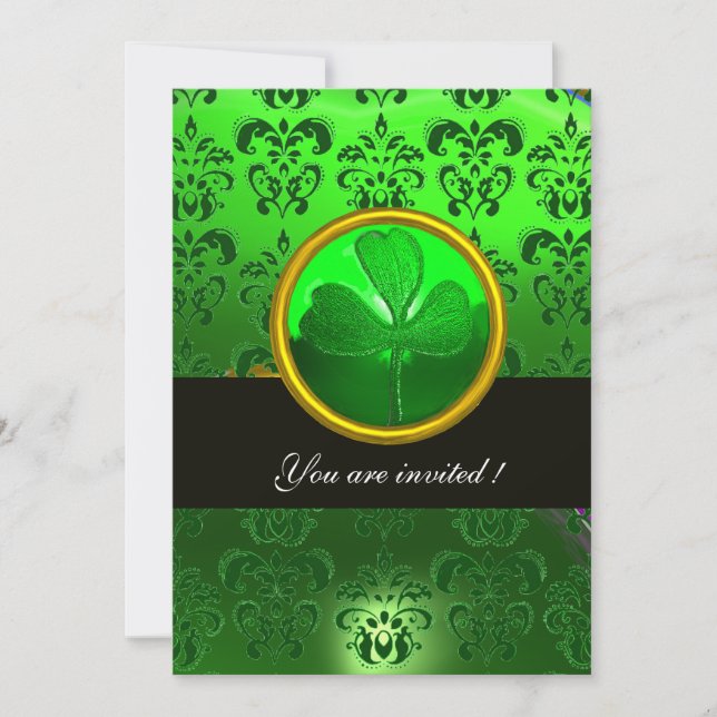 Invitation DAMAS VERT AVEC TRÈFLE À TROIS FEUILLES, noir (Devant)