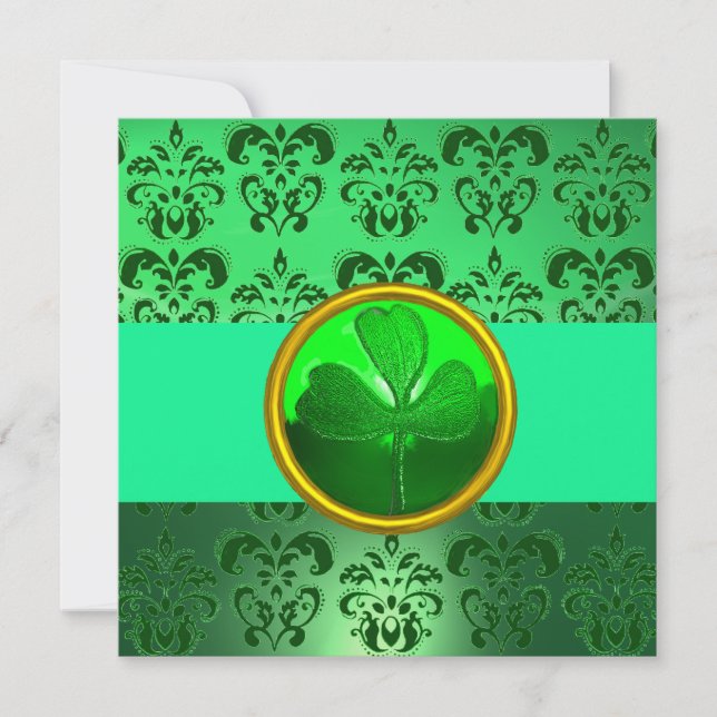 Invitation DAMAS VERT AVEC TRÈFLE À TROIS FEUILLES, noir Or (Devant)