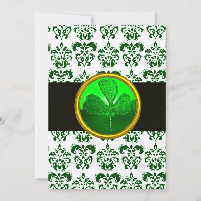 Invitation DAMAS VERT BLANC AVEC TRÈFLE Noir Champagne (Devant)