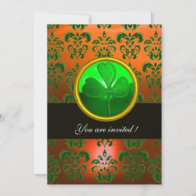 Invitation DAMAS VERT ORANGE AVEC TRÈFLE À TROIS FEUILLES,noi (Devant)