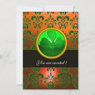 Invitation DAMAS VERT ORANGE AVEC TRÈFLE À TROIS FEUILLES,noi