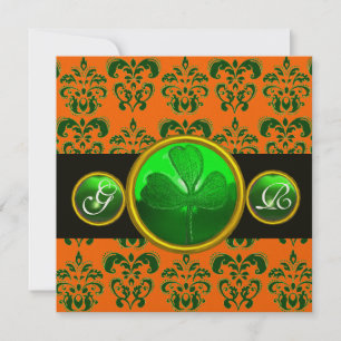 Invitation DAMAS VERT ORANGE , MONOGRAMME TRÈFLE noir