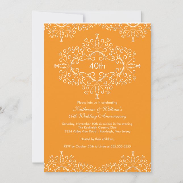 Invitation Damask 25e Anniversaire Orange Blanc (Devant)