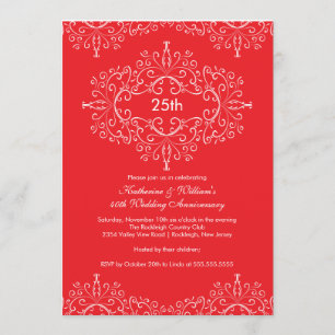 Invitation Damask 25e Anniversaire Rouge Blanc