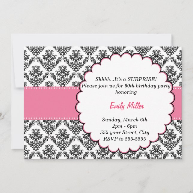 Invitation Damask Adulte Birthday Party Black Pink (Devant)