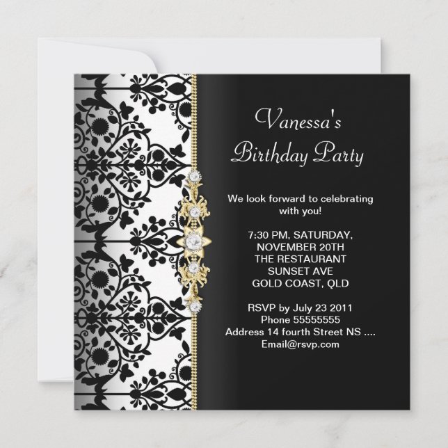 Invitation Damask Anniversaire Party Gold Black White Floral (Devant)