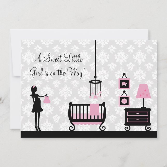 Invitation Damask Baby shower Pink Nursery :Invitation (Devant)