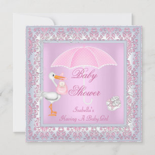 Invitation Damask Baby shower rose fille parapluie