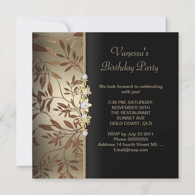 Invitation Damask Birthday Party Gold Black Floral Brown (Devant)