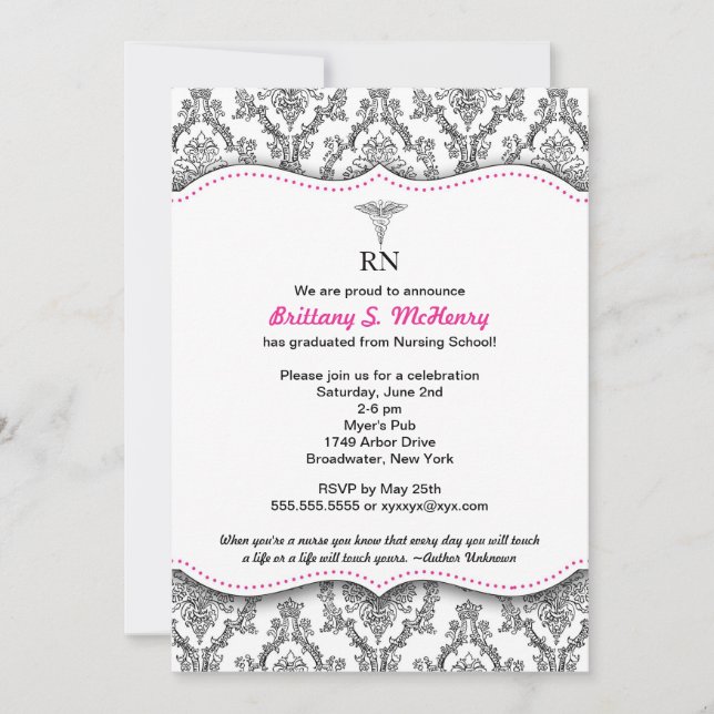 Invitation Damask Black hot rose Infirmière diplômée RN BSN L (Devant)