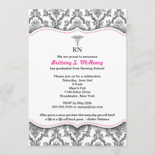 Invitation Damask Black hot rose Infirmière diplômée RN BSN L