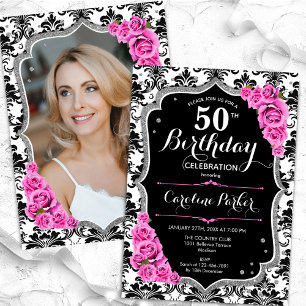 Invitation Damask Black Silver Pink Photo 50e anniversaire