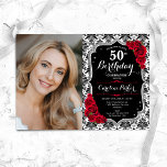 Invitation Damask Black Silver Red Roses Photo 50e anniversai<br><div class="desc">Elégante invitation au 50e anniversaire fleurie féminine avec votre photo. Noir noir blanc rouge design avec fausse parties scintillant argent. Caractéristiques noir et blanc damas motif, roses rouges, police de script et confetti. Parfait pour une fête anniversaire adulte élégante. Personnalisez avec vos propres détails. Peut être customisé pour n'importe quel...</div>