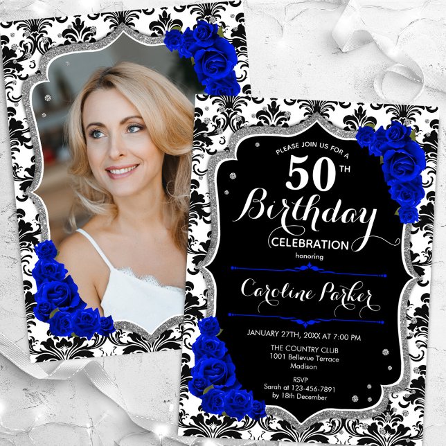 Invitation Damask Black Silver Royal Blue Photo 50e anniversa (Créateur téléchargé)