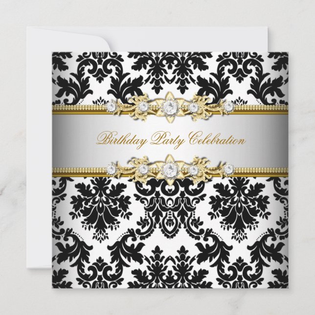 Invitation Damask Black White Gold Crème Argent Élégante Part (Devant)