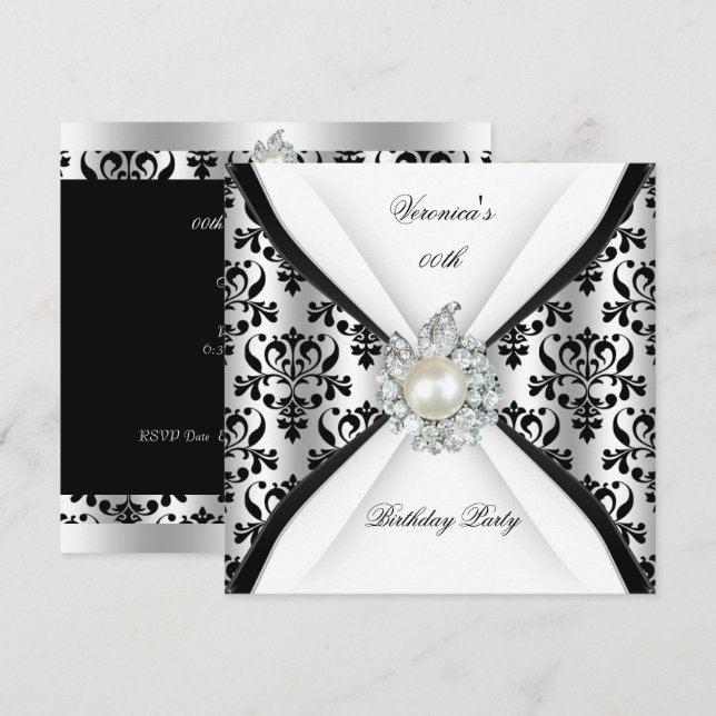 Invitation Damask Black White Pearl Diamond fête d'anniversai (Devant / Derrière)