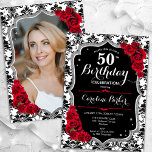 Invitation Damask Black White Silver Red Photo 50th Birthday<br><div class="desc">Elégante invitation à 50e anniversaire fleurie avec votre photo au verso de la carte. Noir noir blanc rouge design avec fausse parties scintillant argent. Caractéristiques noir et blanc damas motif, roses rouges, police de script et confetti. Parfait pour une fête anniversaire adulte élégante. Personnalisez avec vos propres détails. Peut être...</div>