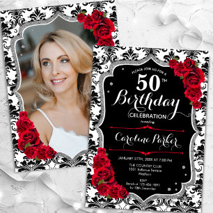 Invitation Damask Black White Silver Red Photo 50th Birthday