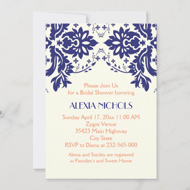 Invitation Damask bleu marine, corail mariage douche nuptiale (Devant)