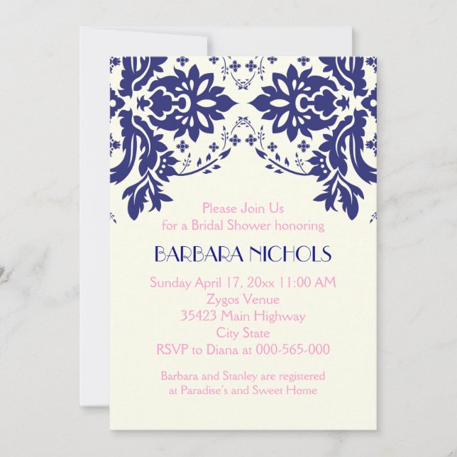 Invitation Damask bleu marine, mariage rose douche nuptiale (Devant)