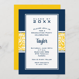 Invitation Damask Blue Yellow Graduation Party