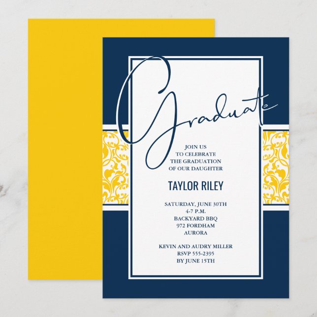 Invitation Damask Blue Yellow Graduation Party (Devant / Derrière)