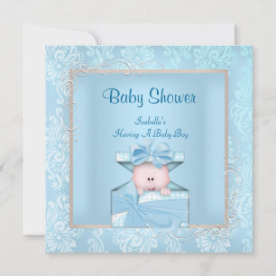Invitation Damask Boy Baby shower Bleu Blanc Floral