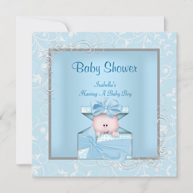 Invitation Damask Boy Baby shower Bleu Blanc Floral (Devant)