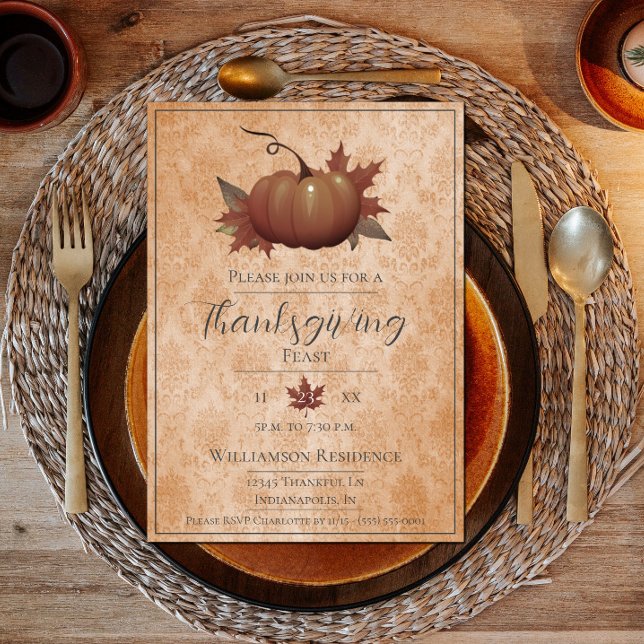 Invitation Damask, Citrouille de Thanksgiving | Dîner orange (Thanksgiving Pumpkin Damask Dinner Invite - Orange)