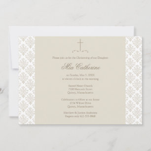 Invitation Damask Cream Cross Christening / Baptême
