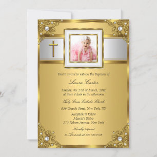 Invitation Damask & Cross Gold Photo Baptême/Christening