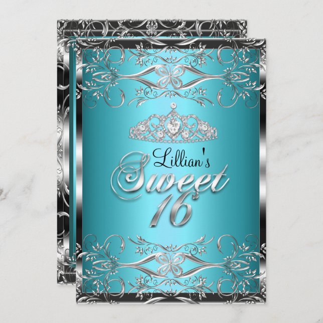 Invitation Damask & Diamond Tiara Blue Silver Sweet 16 Invita (Devant / Derrière)