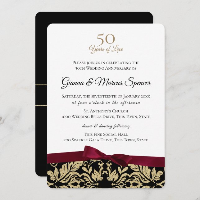 Invitation Damask doré 50e anniversaire (Devant / Derrière)