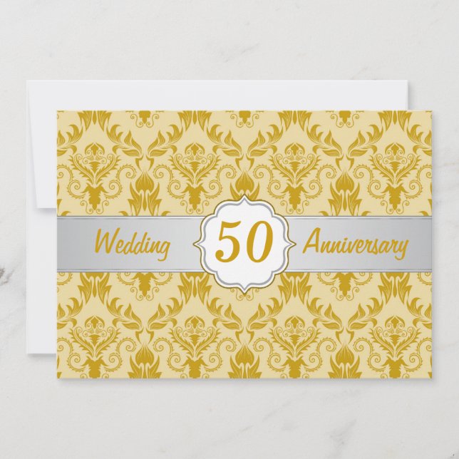 Invitation Damask doré, 50e anniversaire de mariage (Devant)