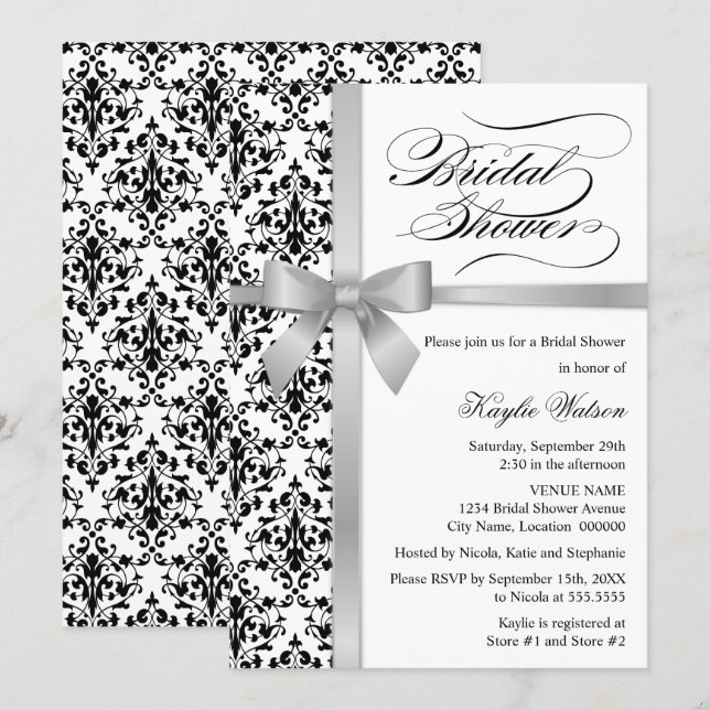 Invitation Damask Faux Silver Ribbon Fête des mariées (Devant / Derrière)