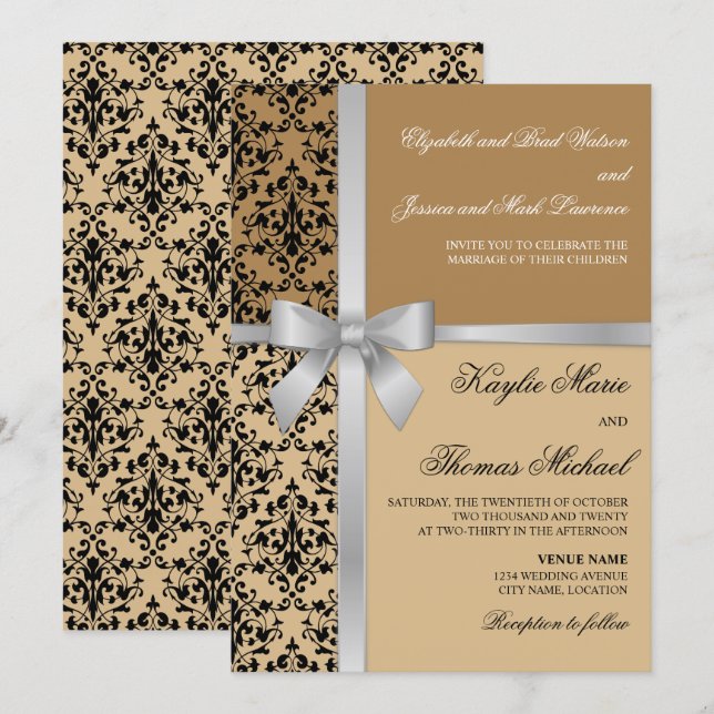 Invitation Damask Faux Silver Ribbon Mariage d'automne (Devant / Derrière)