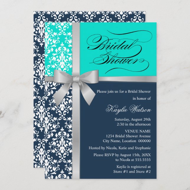 Invitation Damask Faux Silver Ribbon Marine Aqua Fête des mar (Devant / Derrière)