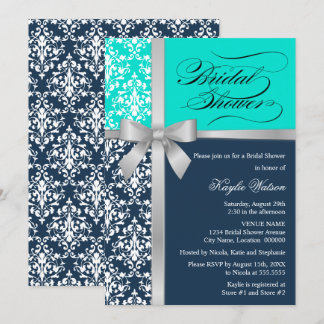 Invitation Damask Faux Silver Ribbon Marine Aqua Fête des mar