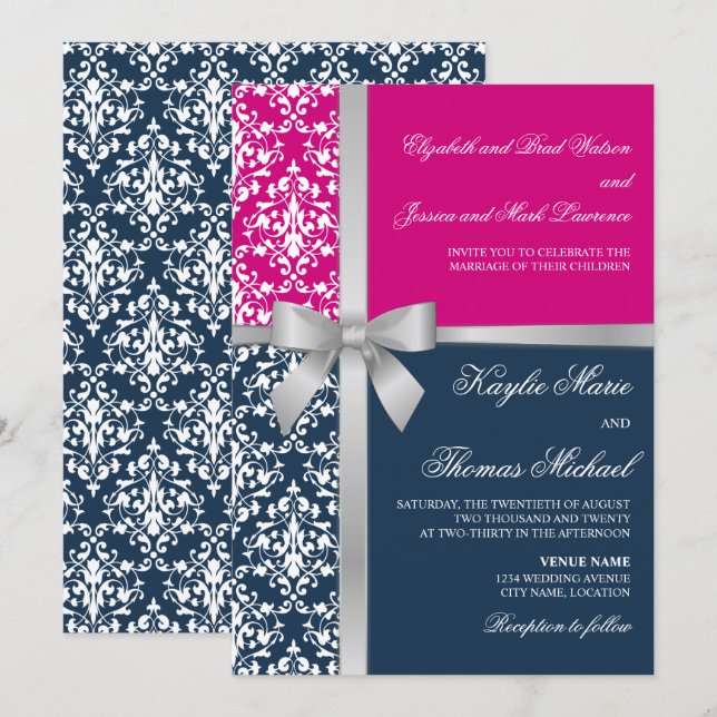 Invitation Damask Faux Silver Ribbon Navy Fuchsia Mariage (Devant / Derrière)