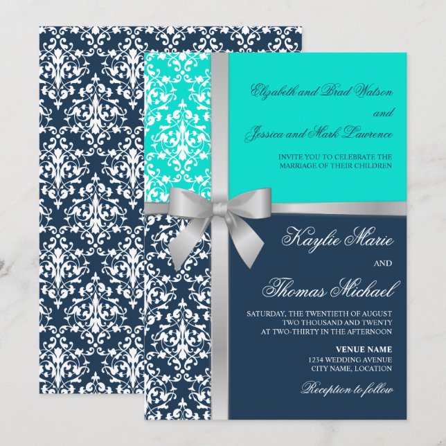 Invitation Damask Faux Silver Ruban Marine Aqua Mariage (Devant / Derrière)