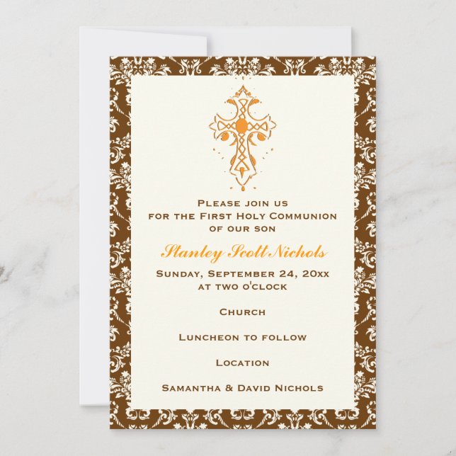 Invitation Damask First Holy Communion Baptism Confirmation (Devant)