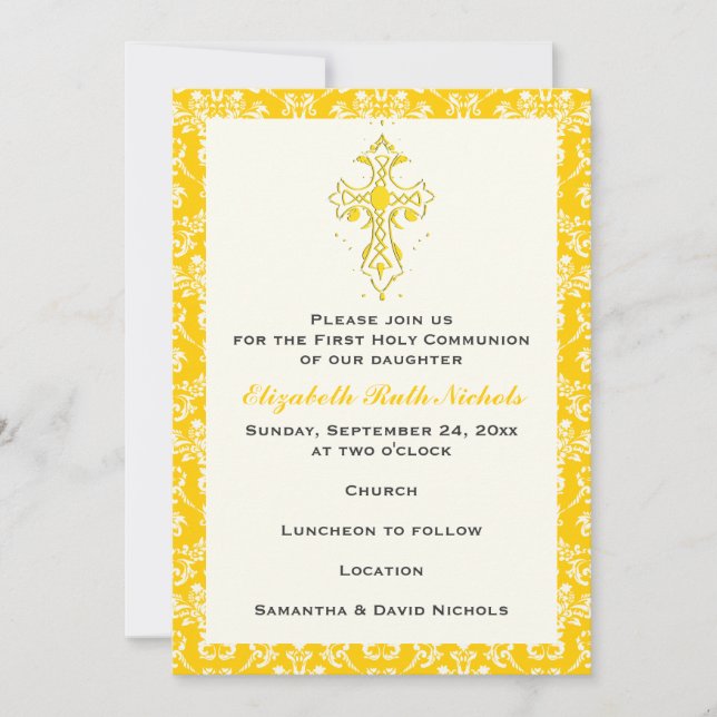 Invitation Damask First Holy Communion Baptism Confirmation (Devant)