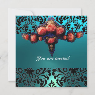 INVITATION DAMASK GEM ET ROSES PINK MONOGRAMME