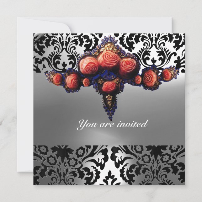 INVITATION DAMASK GEM ET ROSES ROSES MONOGRAMME (Devant)