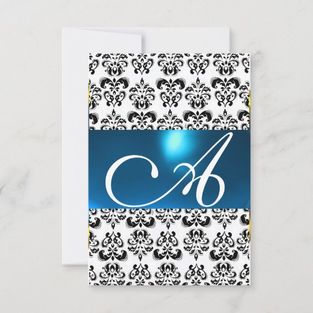 Invitation DAMASK GEM MONOGRAS bleu blanc rsvp (Devant)