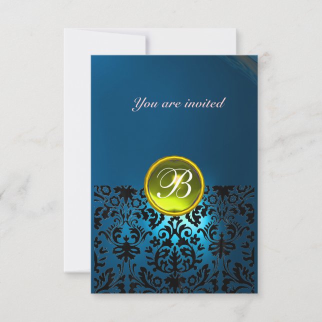 Invitation DAMASK GEM PIERRE MONOGRAMME bleu jaune rsvp (Devant)