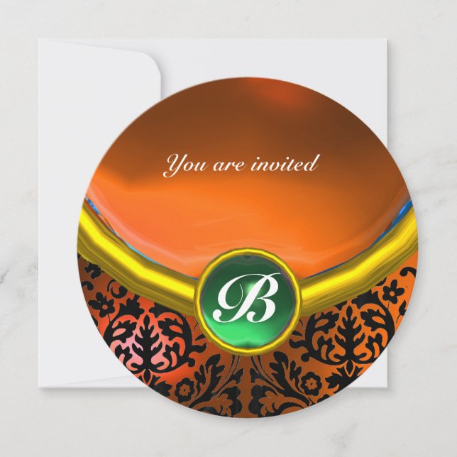 Invitation DAMASK GEM PIERRE MONOGRAMME orange vert (Devant)