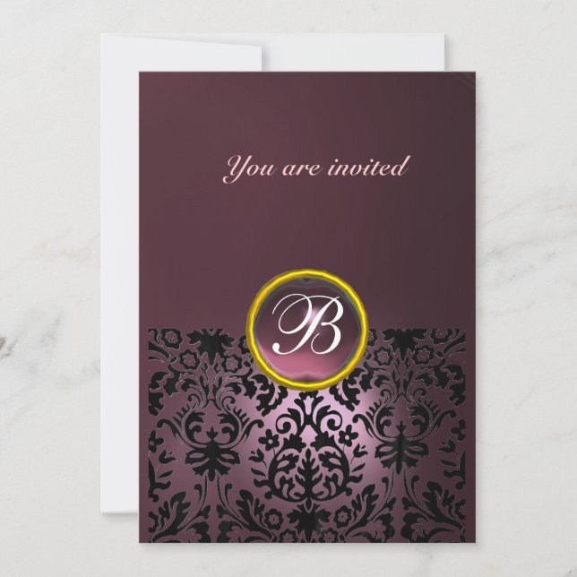 Invitation DAMASK GEM STONE MONOGRAM améthyste violet foncé (Devant)