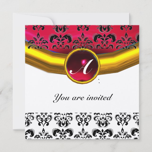 Invitation DAMASK GEM STONE MONOGRAM or rouge bordeaux (Devant)